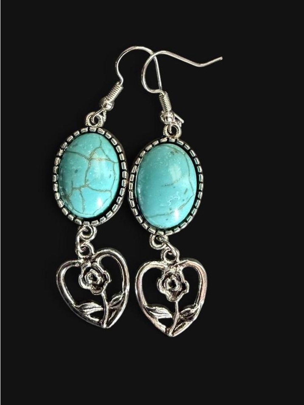 Handmade Turquoise Rose Heart Earrings Boho Western